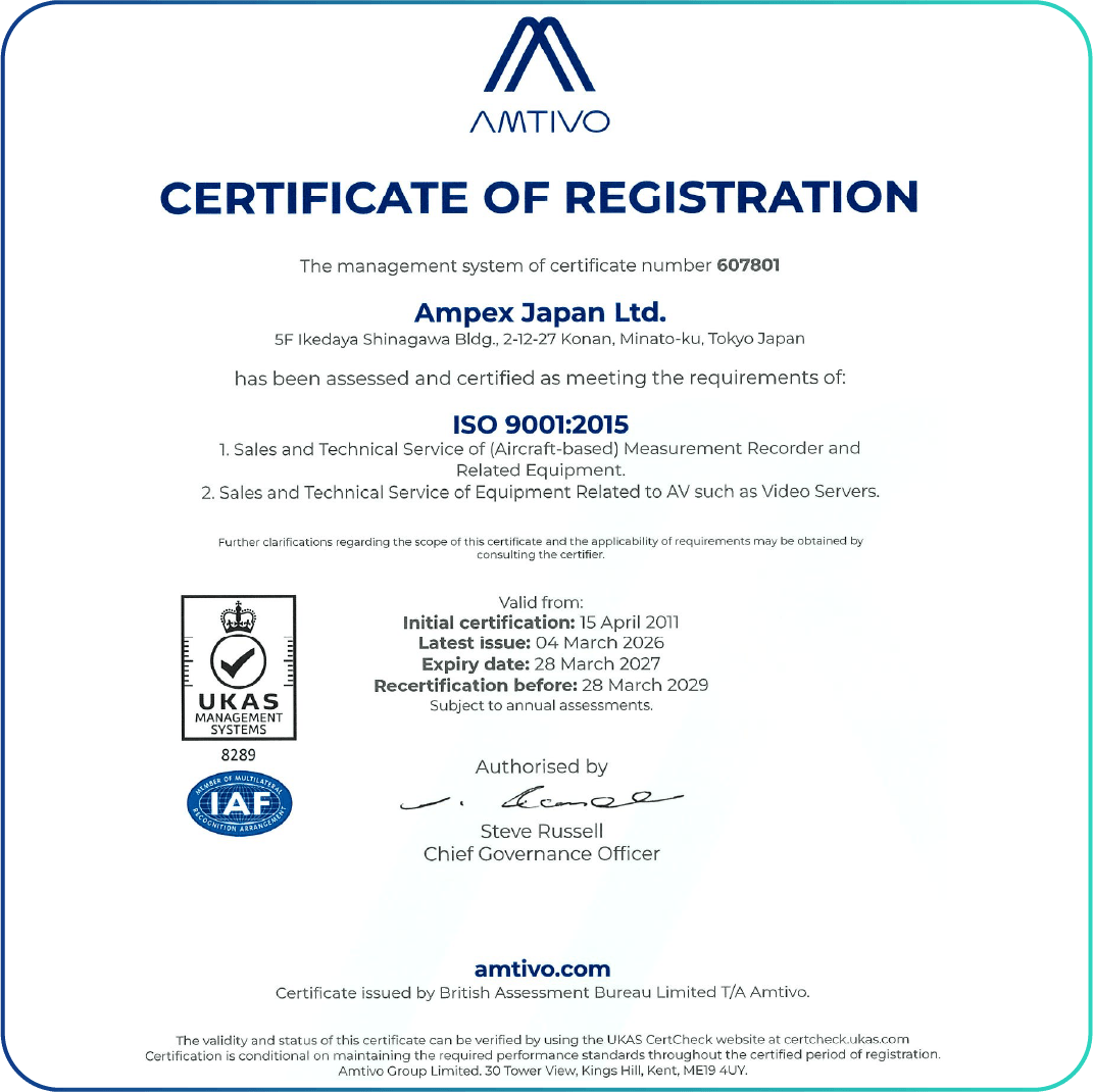 Ampex Japan Achieves ISO 9001:2015 Recertification